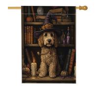 Bandiera per casa del cane Labradoodle di Halloween, 71 x 101 cm, double face, decorativa, spaventosa strega, libri magici per cuccioli, bandiera per la casa, piccola bandiera da giardino per esterni