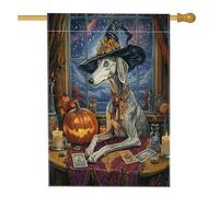 Bandiera per casa del cane levriero strega di Halloween, 71 x 101 cm, double face, per decorazione esterna, tarocchi astrologia cucciolo frontyard bandiera per la casa, strega all'aperto piccola