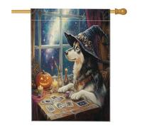 Bandiera per casa del cane Malamute, strega di Halloween, 71 x 101 cm, double face, per decorazione esterna, tarocchi astrologia cucciolo frontyard bandiera per la casa, strega all'aperto piccola