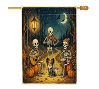 Bandiera per casa del cane Papillon di Halloween, 71 x 101 cm, per esterni, scheletro per le vacanze, bandiera verticale standard per la casa, zucche, cortile, cortile, decorazione per esterni