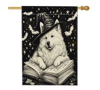 Bandiera per casa del cane Samoiedo strega di Halloween, 71 x 101 cm, double face, decorativa per esterni, vintage, libro magico per cuccioli, bandiera per la casa, estetica esterna piccola bandiera