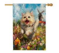 Bandiera per casa del gatto persiano primaverile, 71,1 x 101,2 cm, double-face, per decorazione esterna, giardino di campagna, gattino frontale, tela, bandiera per la casa, divertente motivo floreale