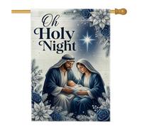 Bandiera per casa di Natale, con citazione della notte sacra religiosa, 71 | Tema religioso religioso, bandiera prato, accenti stella di Natale blu, bordo floreale invernale, decorazione spirituale