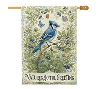 Bandiera per casetta degli uccelli, bandiera rustica con farfalla e fiori primaverili blu su entrambi i lati, in iuta, decorativa, per esterni, patio, prato, ingresso, campeggio, 71 x 101 cm