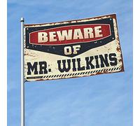 Bandiera per dormitorio divertente Beware Of Mr. Wilkins bandiera decorazione bar per la casa divertente decorazione universitaria (120 x 180 cm)