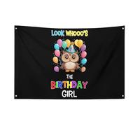 Bandiera per feste a forma di gufo "Guarda chi è la festeggiata", 3x5 piedi, striscione da giardino con 4 fori, decorazione per interni ed esterni.