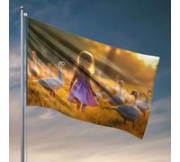 Bandiera per i ragazzi con una ragazza in un abito viola cammina tra le oche in un campo dorato. Bandiere per stanza dei ragazzi, decorazione per veranda all'aperto (120 x 180 cm)