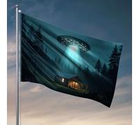 Bandiera per i ragazzi Un Ufo si libra sopra una capanna nel bosco. Bandiera da spiaggia decorazioni per la casa divertenti bandiere per dormitorio (120 x 180 cm)