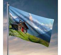 Bandiera per i ragazzi, una cabina accogliente immersa nelle montagne. Bandiere per stanza dei ragazzi, decorazione per portico all'aperto (120 x 180 cm)