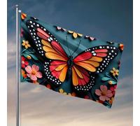 Bandiera per i ragazzi una farfalla colorata circondata da fiori vivaci. Bandiere per stanza dei ragazzi decorazione portico esterno (152 x 244 cm)