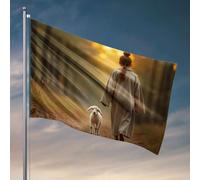 Bandiera per i ragazzi, una persona cammina mano nella mano con un agnello su un sentiero nella foresta. Bandiera decorazione da spiaggia per la casa divertenti bandiere per dormitorio (60 x 90 cm)