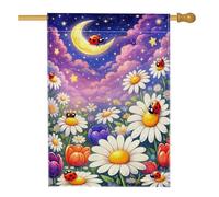 Bandiera per la casa a forma di coccinella, fantasiosa e giocosa con crisantemo luna primavera gialla su entrambi i lati, bandiere decorative per portico anteriore per esterni, prato, cortile, patio