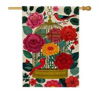 Bandiera per la casa a gabbia per uccelli, fiori vivaci con uccelli primaverili rossi su entrambi i lati, in iuta, decorativa, per esterni, prato, cortile, patio, ingresso, 71 x 101 cm