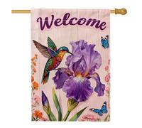 Bandiera per la casa con colibrì, primaverile colorata iris farfalla viola primavera viola double face bandiere decorative per portico anteriore esterno patio prato ingresso campeggio 71 x 101 cm