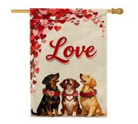 Bandiera per la casa con cuori, romantici cani di San Valentino, con rose rosse su entrambi i lati, grande bandiera da giardino per esterni, patio, cortile, prato, ingresso, balcone, 71 x 101 cm