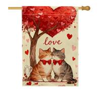 Bandiera per la casa con cuori, romantici gatti fantasiosi, albero di San Valentino, in iuta rossa, su entrambi i lati, decorativa, per esterni, patio, cortile, prato, ingresso, balcone, 71 x 101 cm