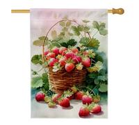Bandiera per la casa con fragole, cesto rustico primaverile con foglie rosse primaverili su entrambi i lati, in iuta, per portico anteriore, portico, decorativo, per esterni, prato, cortile, patio