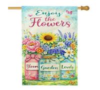 Bandiera per la casa con girasole, giara di fiori fantasiosi primaverili gialli primaverili su entrambi i lati, bandiere decorative per portico anteriore per cortile, prato, patio, porta d'ingresso