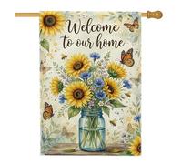 Bandiera per la casa con girasole, giara floreale primaverile con farfalla gialla primaverile su entrambi i lati, bandiere decorative per portico anteriore per esterni, cortile, prato, patio, porta