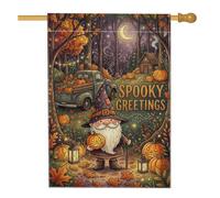 Bandiera per la casa con gnomo e zucche di Halloween, 71 x 101 cm | Gnomo cappello da strega, bandiera da prato, camion vintage, foresta illuminata dalla luna, lanterne luminose