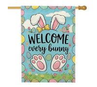 Bandiera per la casa con orecchie di coniglio, uova di Pasqua primaverili con impronte di zampe, blu pasquale su entrambi i lati, grande bandiera da giardino per esterni, patio, prato, ingresso