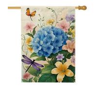 Bandiera per la casa con ortensie, primaverile floreale, farfalla, libellula, primavera, blu, double face, grande bandiera da giardino per esterni, patio, prato, ingresso campeggio, 71 x 101 cm