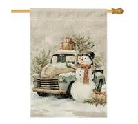 Bandiera per la casa con pupazzo di neve, rustica invernale con camion di pino bianco invernale su entrambi i lati, bandiere decorative per portico anteriore, per esterni, prato, cortile, patio