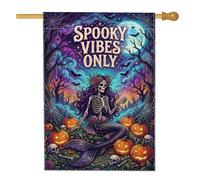 Bandiera per la casa con scheletro, fantasiosa gotica con zucche di sirena, per Halloween, viola, su entrambi i lati, per portico anteriore, per esterni, patio, prato, ingresso e campeggio, 71 x 101