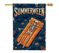 Bandiera per la casa con scheletro, fantasioso e giocoso galleggiante, zucche galleggianti, per Halloween, blu, su entrambi i lati, per portico anteriore, portico, per esterni, cortile, prato, patio