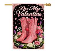 Bandiera per la casa con stivali da cowboy, romantici cuori floreali rose San Valentino pesca tela da imballaggio decorativa su entrambi i lati per esterni patio cortile prato ingresso balcone 71 x