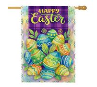 Bandiera per la casa con uova di Pasqua, foglie festive primaverili forme geometriche viola pasquale su entrambi i lati in iuta decorativa per esterni, prato, cortile, patio, ingresso, 71 x 101 cm