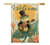 Bandiera per la casa degli anfibi, fantasiosa e giocosa con fiori di chitarra, verde primavera, su entrambi i lati, in iuta, per portico anteriore, per esterni, cortile, prato, patio, porta d'ingresso