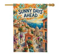 Bandiera per la casa degli edifici, fiori tropicali costieri con palme blu estate su entrambi i lati grande bandiera da giardino per esterni, prato, cortile, patio, ingresso 71 x 101 cm