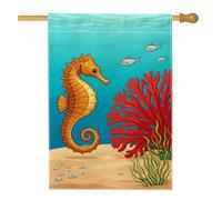 Bandiera per la casa dei cavallucci marini, colorata con pesci corallo, blu estivo, in iuta su entrambi i lati, decorativa, per esterni, prato, cortile, patio, ingresso, 71 x 101 cm