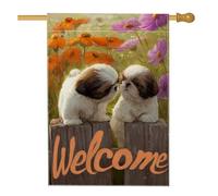 Bandiera per la casa dei cuccioli, fantasiosa targa rustica in legno con fiori primaverili arancioni su entrambi i lati, decorativa, per esterni, cortile, prato, patio, porta d'ingresso, 71 x 101 cm