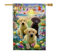 Bandiera per la casa dei cuccioli, uova di Pasqua giocose primaverili con farfalle in iuta gialla pasquale su entrambi i lati, grande bandiera da giardino per esterni, patio, cortile, prato, ingresso