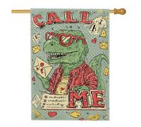 Bandiera per la casa dei dinosauri, fantasiosa lettera a forma di cuore in stile cartone animato di San Valentino in iuta verde su entrambi i lati, grande bandiera da giardino per esterni, prato