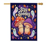 Bandiera per la casa dei funghi, fantasiosa e giocosa fantasiosa foglia fantasma viola viola su entrambi i lati in iuta decorativa per esterni, patio, prato, ingresso campeggio, 71 x 101 cm