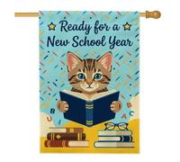 Bandiera per la casa dei gatti, allegri occhiali da libro con scritta "Back to Campus", blu su entrambi i lati, grande bandiera da giardino per esterni, cortile, prato, patio, porta d'ingresso, 71 x