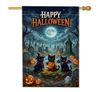 Bandiera per la casa dei gatti, fantasiosa zucca spettrale cimitero Halloween nera double face in iuta decorativa per esterni bandiere per portico per esterni, prato, cortile, patio, ingresso 71 x 101