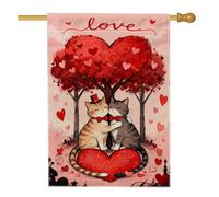 Bandiera per la casa dei gatti, romantica bandiera con cuori giocosi e alberi, in iuta rossa su entrambi i lati, grande bandiera da giardino per esterni, prato, cortile, patio, ingresso, 71 x 101 cm