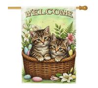 Bandiera per la casa dei gattini, cesto fantasioso primaverile fiori verde primavera iuta double face decorativo esterno bandiere portico per esterni patio cortile prato ingresso balcone 71 x 101 cm