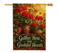 Bandiera per la casa dei gerani, vasi da fiori rustici da giardino, api primaverili, in iuta rossa, su entrambi i lati, per portico anteriore, per esterni, cortile, prato, patio, porta d'ingresso, 71