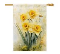 Bandiera per la casa dei narcisi, primaverile floreale con api e erba gialla primaverile su entrambi i lati, decorativa, per esterni, patio, cortile, prato, ingresso, balcone, 71 x 101 cm
