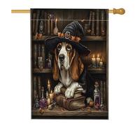 Bandiera per la casa del cane Basset Hound di Halloween, 71 x 101 cm per esterni, spaventosa strega magica libri di magia cucciolo bandiera verticale standard in lino per la casa, bandiera per animali