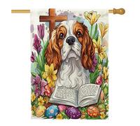 Bandiera per la casa del cane Cavalier King Charles Spaniel, 71 x 101 cm, double face, per decorazione esterna, uova di campagna con cucciolo floreale, bandiera per la casa, divertente motivo per