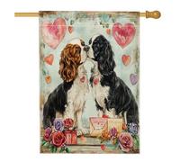 Bandiera per la casa del cane Cavalier King Charles Spaniel di San Valentino 71,1 x 101,2 cm, double face per decorazione esterna, coppia di cuccioli in legno, bandiera per la casa, motivo esterno per