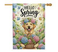 Bandiera per la casa del cane, cesto di fiori primaverili con natura, iuta verde primavera, double face, decorativa, per esterni, patio, prato, ingresso, campeggio, 71 x 101 cm