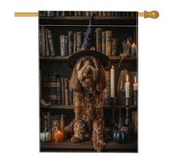 Bandiera per la casa del cane Cockapoo di Halloween, 71 x 101 cm, double-face, decorativa per esterni, spaventosa strega, libri magici per cuccioli, bandiera per la casa in lino, piccola bandiera da