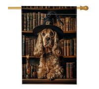 Bandiera per la casa del cane Cocker Spaniel di Halloween, 71 x 101 cm, double-face, per esterni, per esterni, spaventosa strega, libri magici, cuccioli, bandiera, per esterni, piccola bandiera per